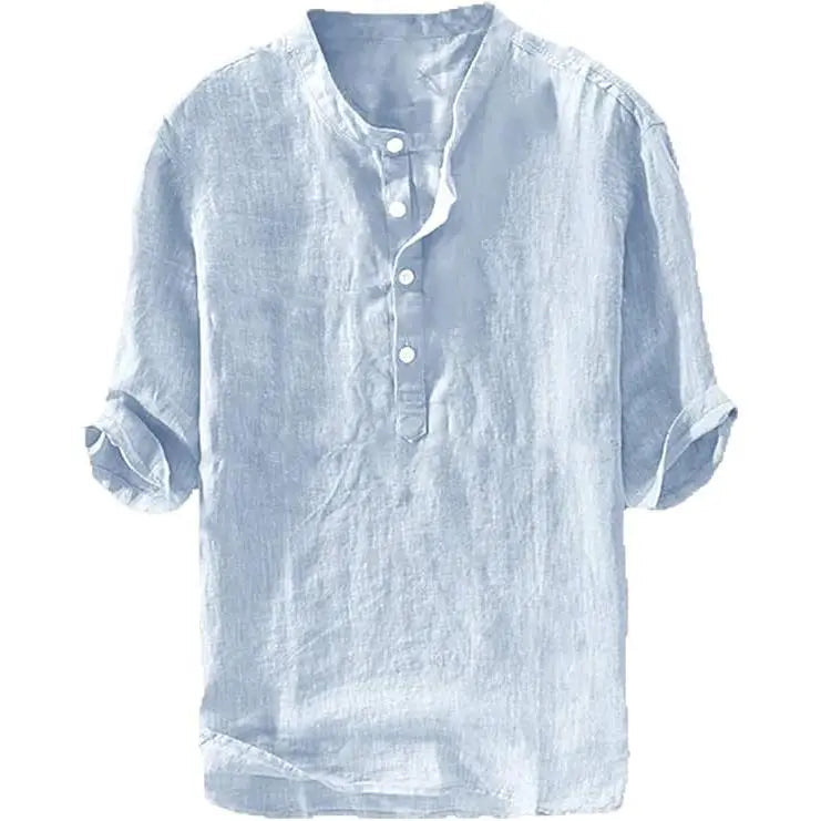 Sky blue men's cotton linen Henley shirt