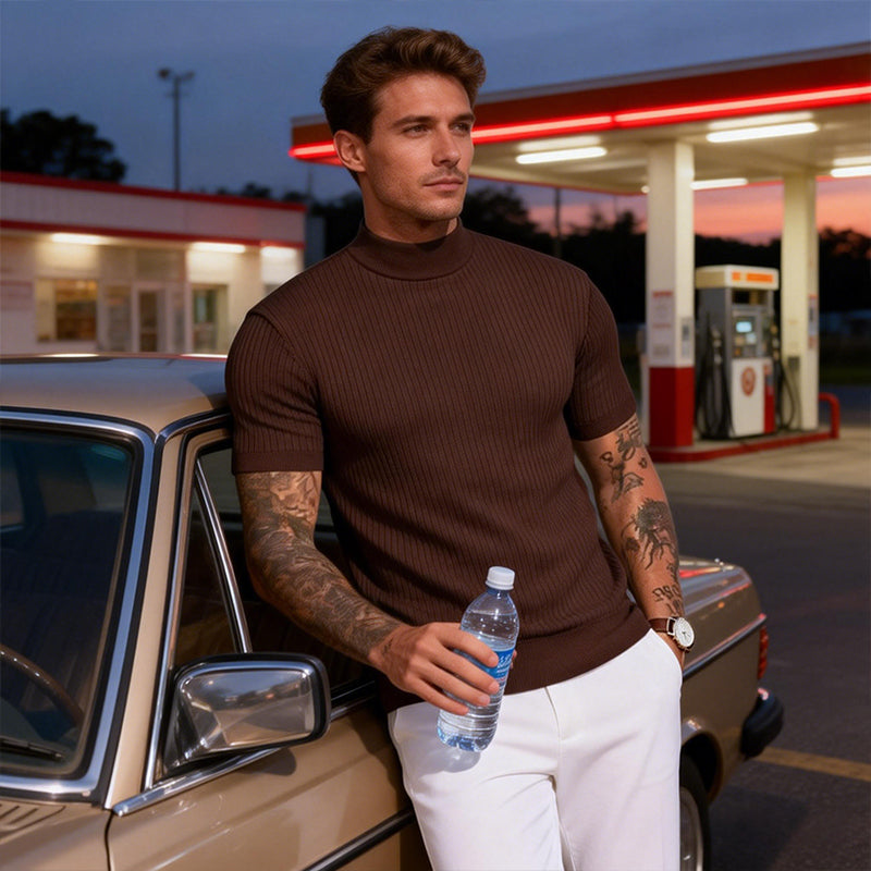 👕 LIMITED-TIME 50% OFF✨ Men's Slim Mock Neck T-Shirt – Ribbed, Short Sleeve, 6 Colors 🍁