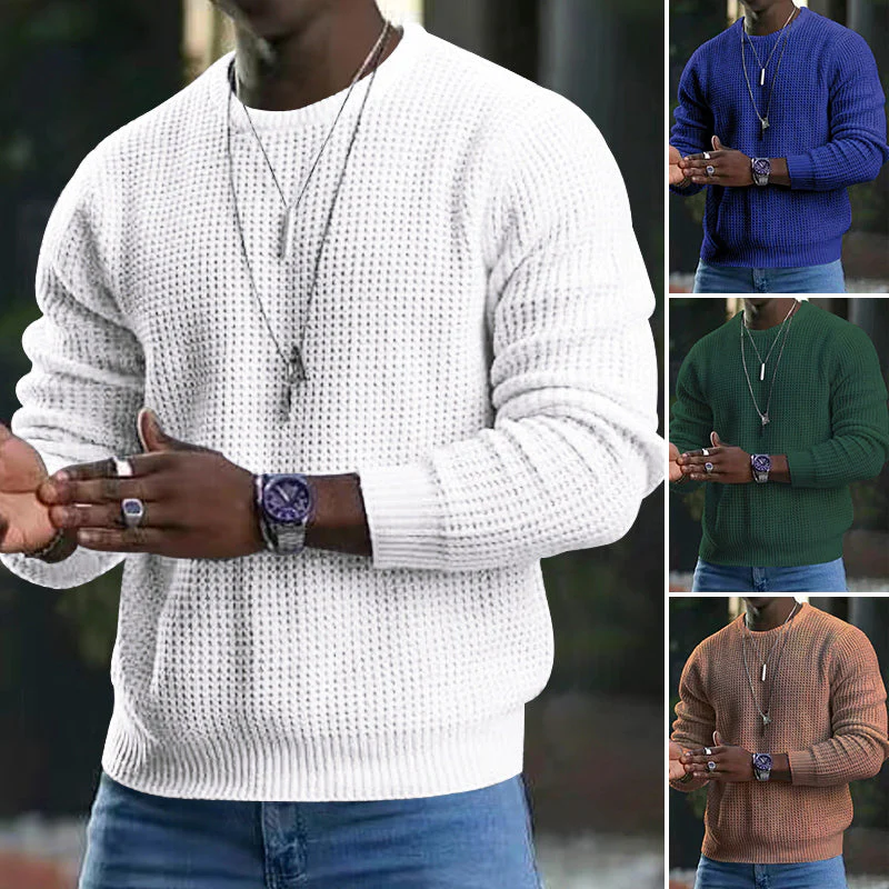 Suéter premium de cuello redondo para hombre: prenda clásica suave de manga larga con ribete acanalado